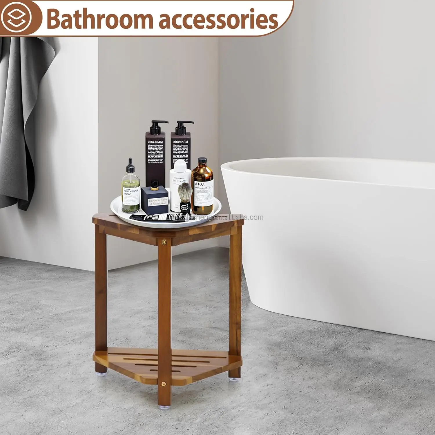 product 16in modern eco friendly shower foot rest corner stool shaving legs storage shelf small bench sit bath seat acacia wood-5