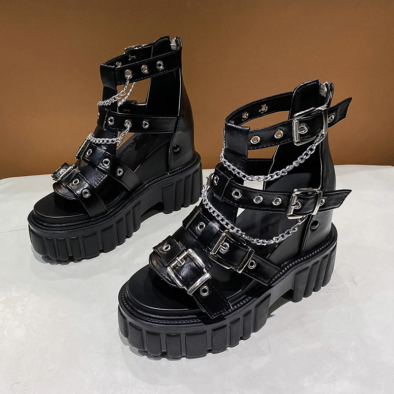 Wholesale Custom 2023 Dark Goth Black Heeled Sandals Chunky Platform High Top Buckle Ladies Wedges Sandals