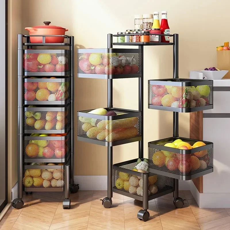 360 degree rotating shelf  fruit and vegetable storage rack  multi-layer wheeled storage rack