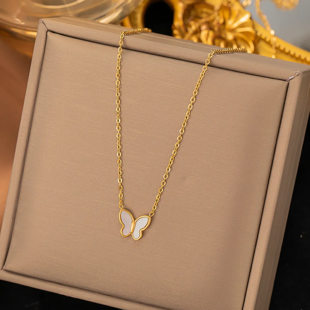 18k Gold Stainless Steel Multilayer Necklace Zircon Geometric Ring Women's Necklace Butterfly Jewelry Accessories Gift