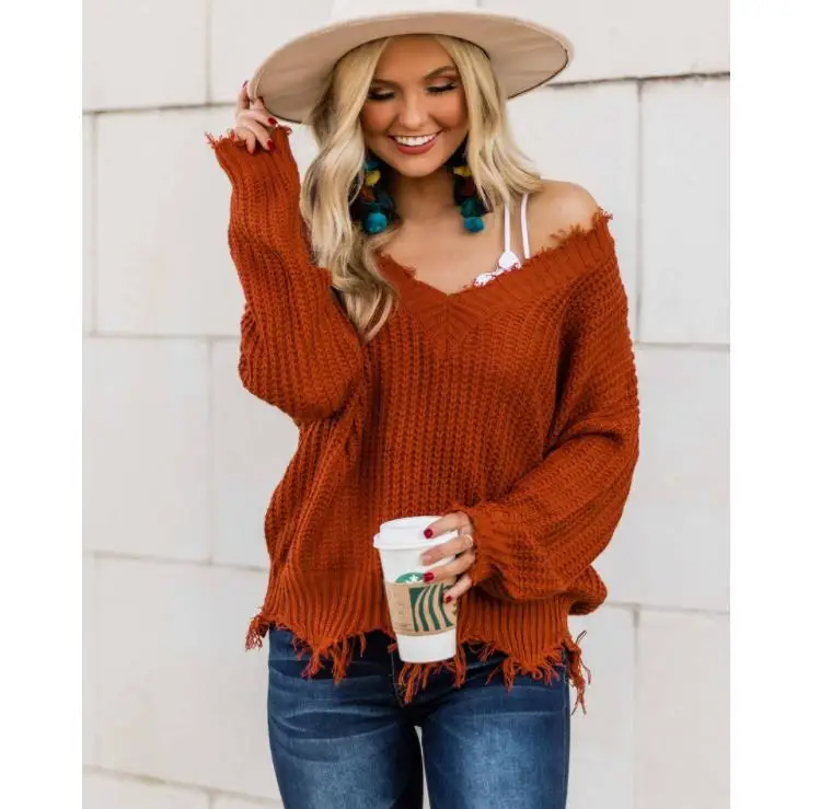 Fall Sweater Knitted Irregular Custom women sweater V Neck Loose Off Shoulder Top Wild Casual woolen sweater