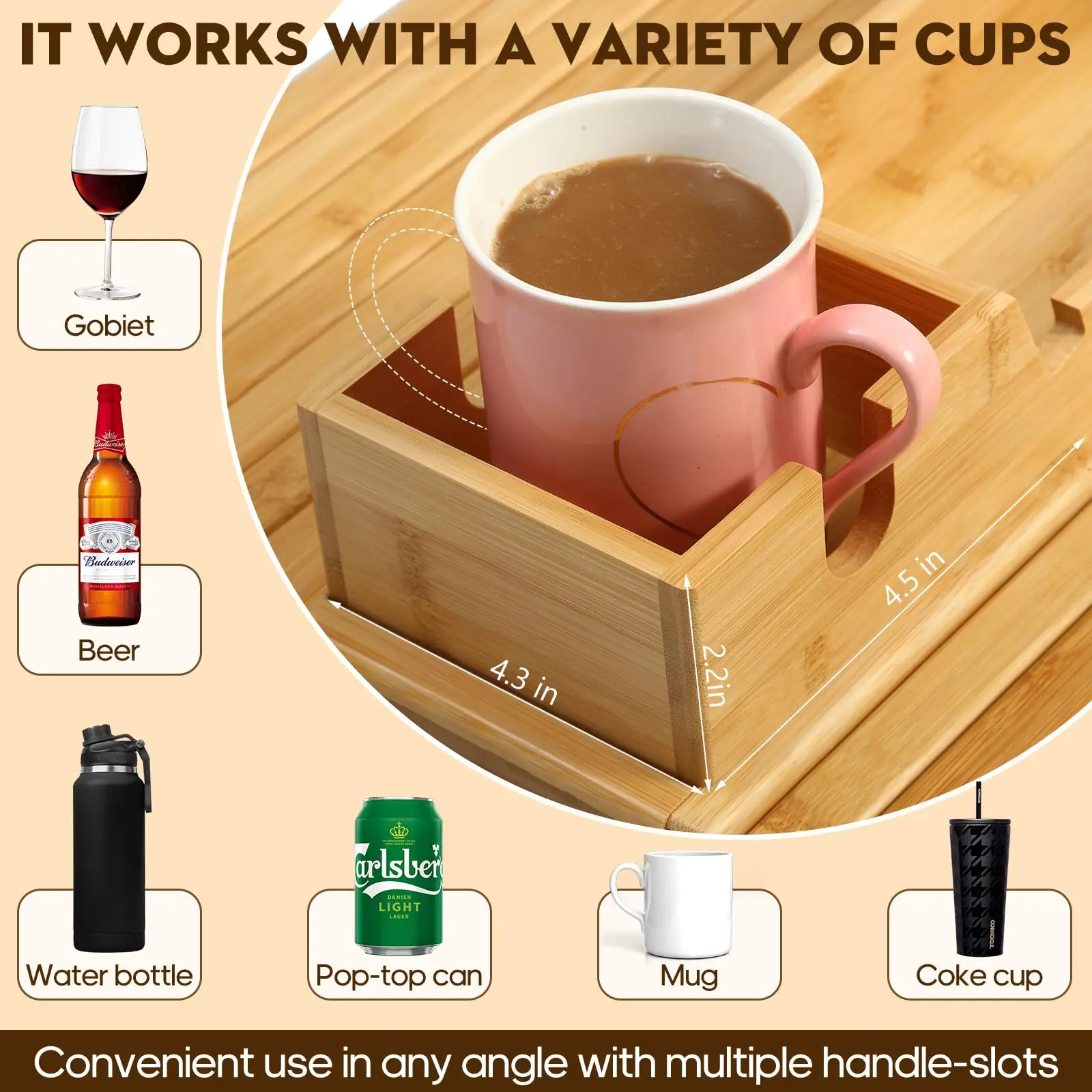 product 2 in 1 bamboo sofa armrest tray detachable cup holder anti fall tray foldable design for phone snacks remote storage trays-10