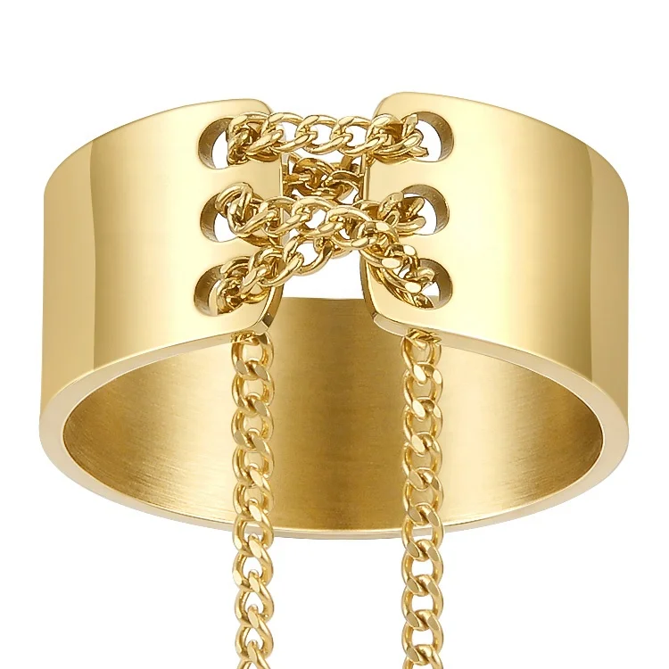 Latest High Quality 18K Gold Plated Stainless Steel Jewelry Thin Chain Gold Color Glossy Finger  Rings R214089