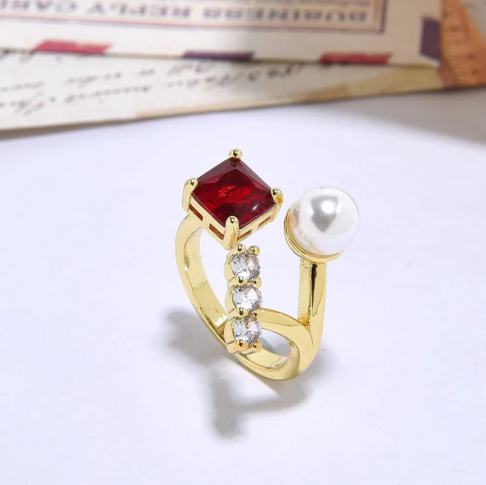 Fashion Square Zircon Open Ring 18k Gold Women's Pearl Ring Geometric Branch Jewelry Accessories Gift