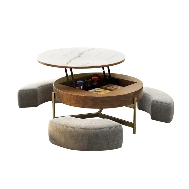 White and Walnut color modern round lifting coffee table set, practical and beautiful with storage space