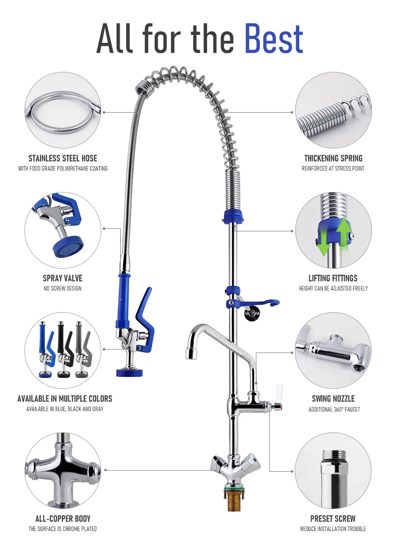 Commercial Dual Handle Pull Pre Rinse Deck Mounted Faucet Adjustable Height EasyInstall Handwheels Options Kitchen Sink Single details