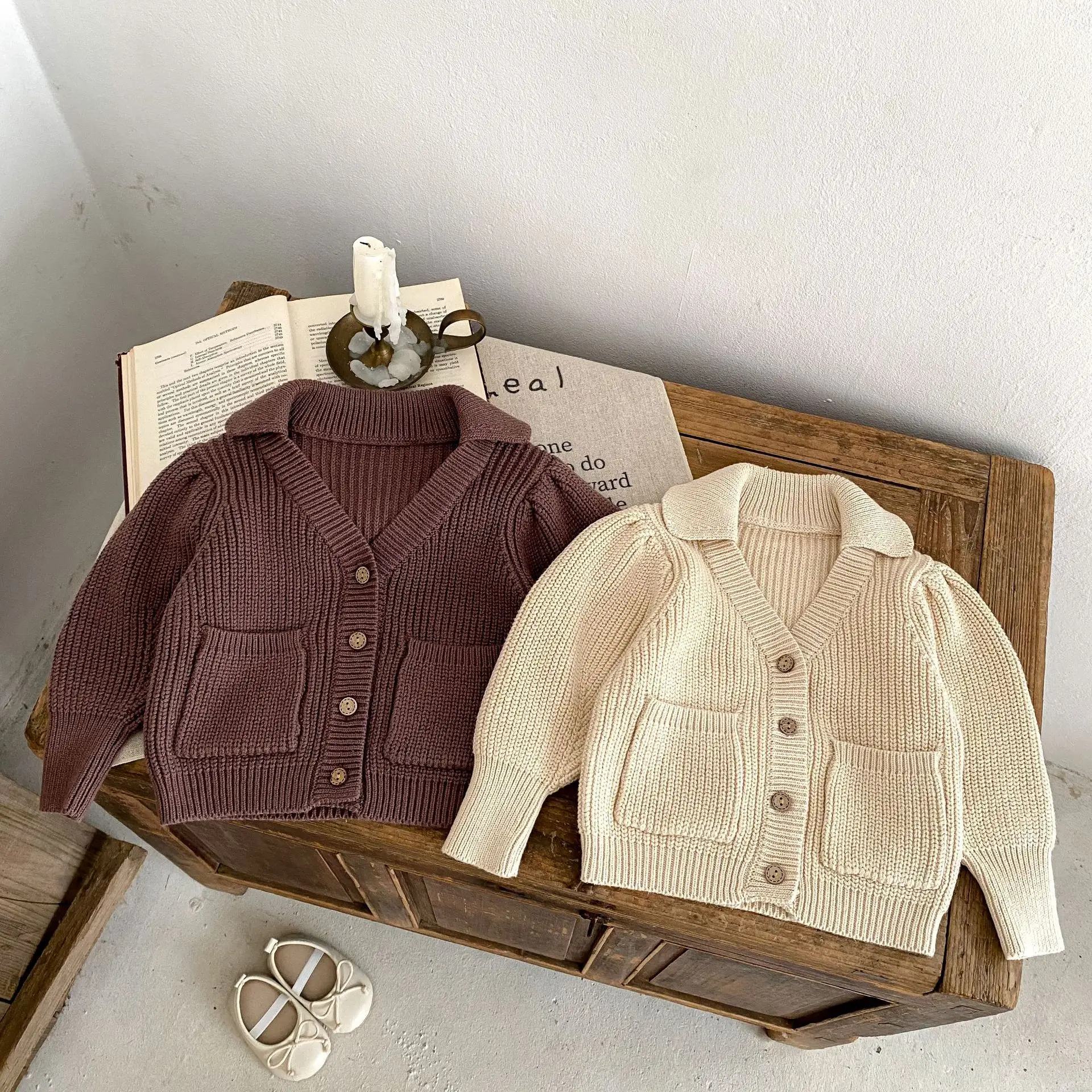 Engepapa Autumn Fashion Boys' Bubble Sleeve Knitted Cardigan Girls' Long Sleeve Coat Fashion Baby Clothing