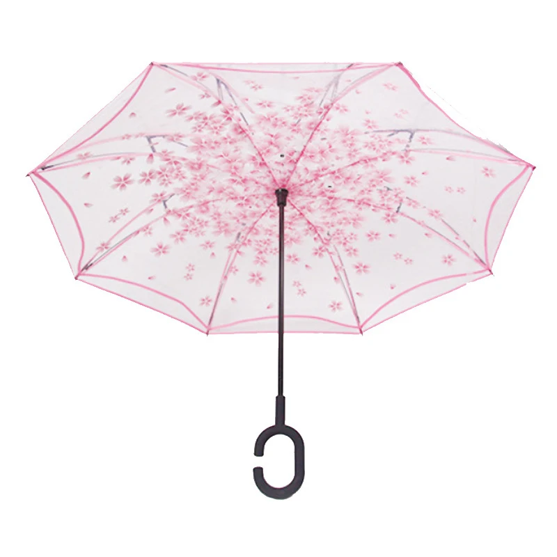 HJH532 Custom Creative Reverse Transparent Umbrella Women Cherry Blossom Double Layer C Handle Windproof Rain Foldable Umbrellas