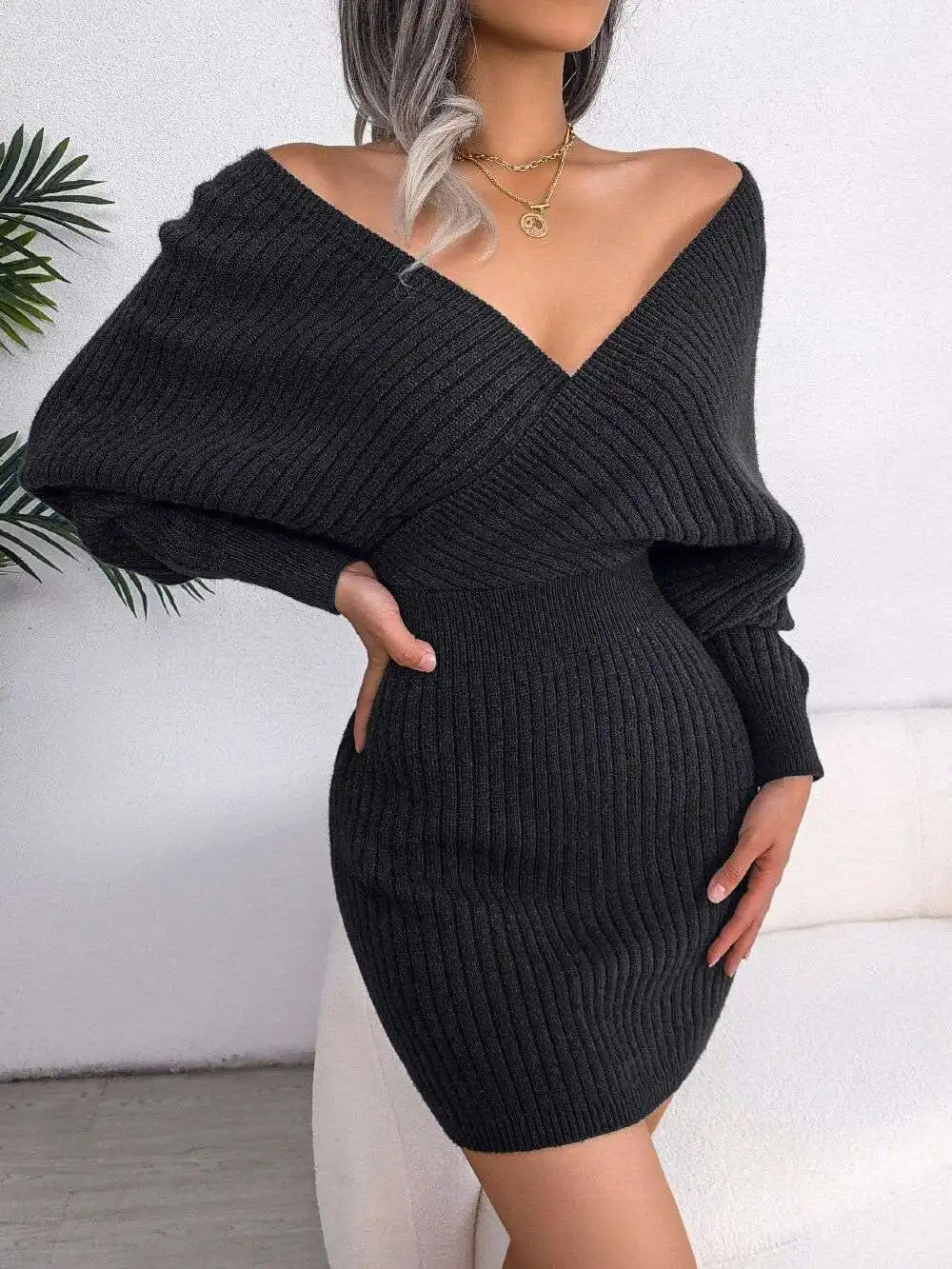 Women's clothing autumn winter knit dress pullover v neck fashion slim solid casual sweater women dresses
