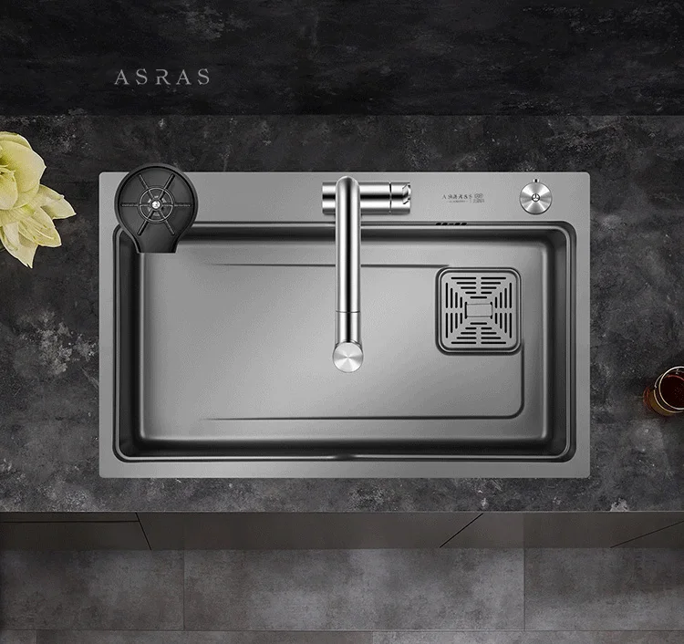 Asras Sus Stainless Steel Black Nano Sink With Cup Rinser Glass