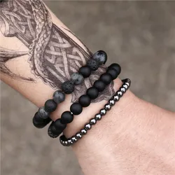 Vintage High Quality Hot Sale Black Frosted Lion Head Charm Natural Stone Beads Elastic Bracelet Set Men's Jewelry