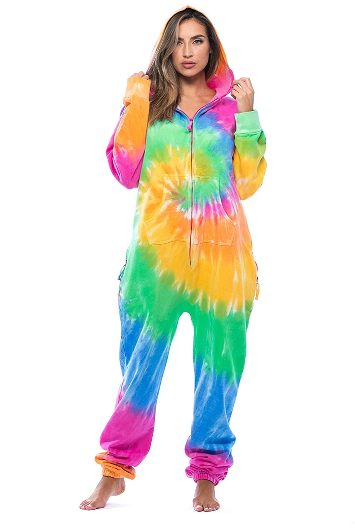 Wholesale Women Tie dyed romper suits adult jogging tracksuits lady Candy color slim fit adult rainbow Sweatshirt