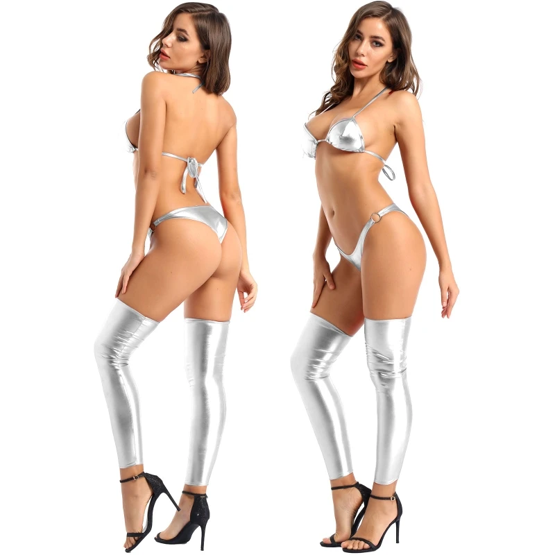 Sexy Womens Lace-up Lingerie Set Bra Briefs Underwear And Leg Sleeve Clubwear Stage Costume