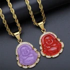 Jade Pendant Stainless Steel Crystal Laughing Religious Maitreya Carved Jade Buddha Pendant Necklace