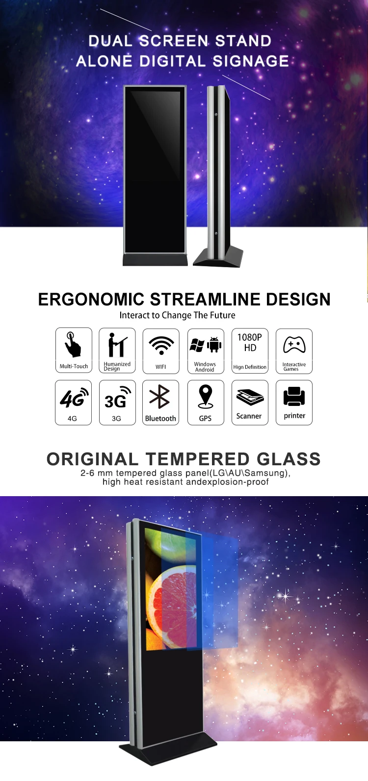 Best seller 55 Inch Free Standing Touch Screen Double Sides Lcd Digital Signage For Advertising Totem