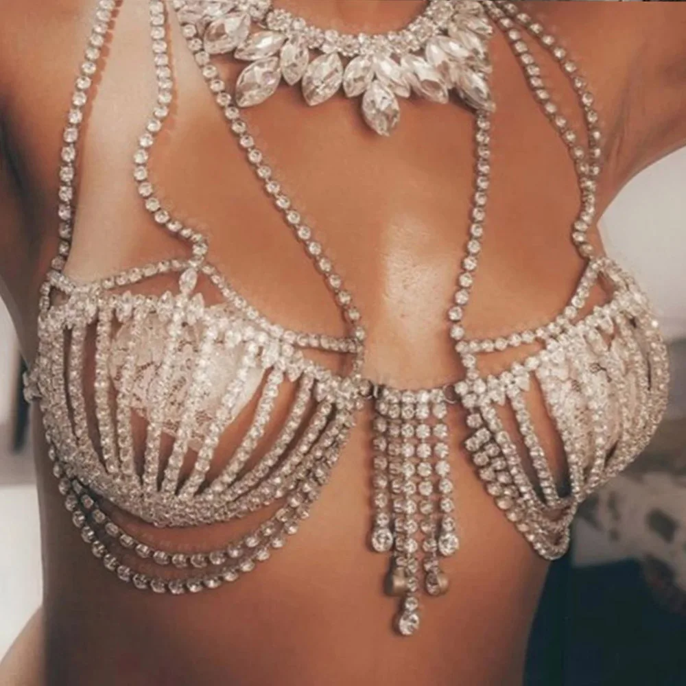 Crystal Shell Bra Body Chain Harness Rhinestone Bras Jewelry Lingerie