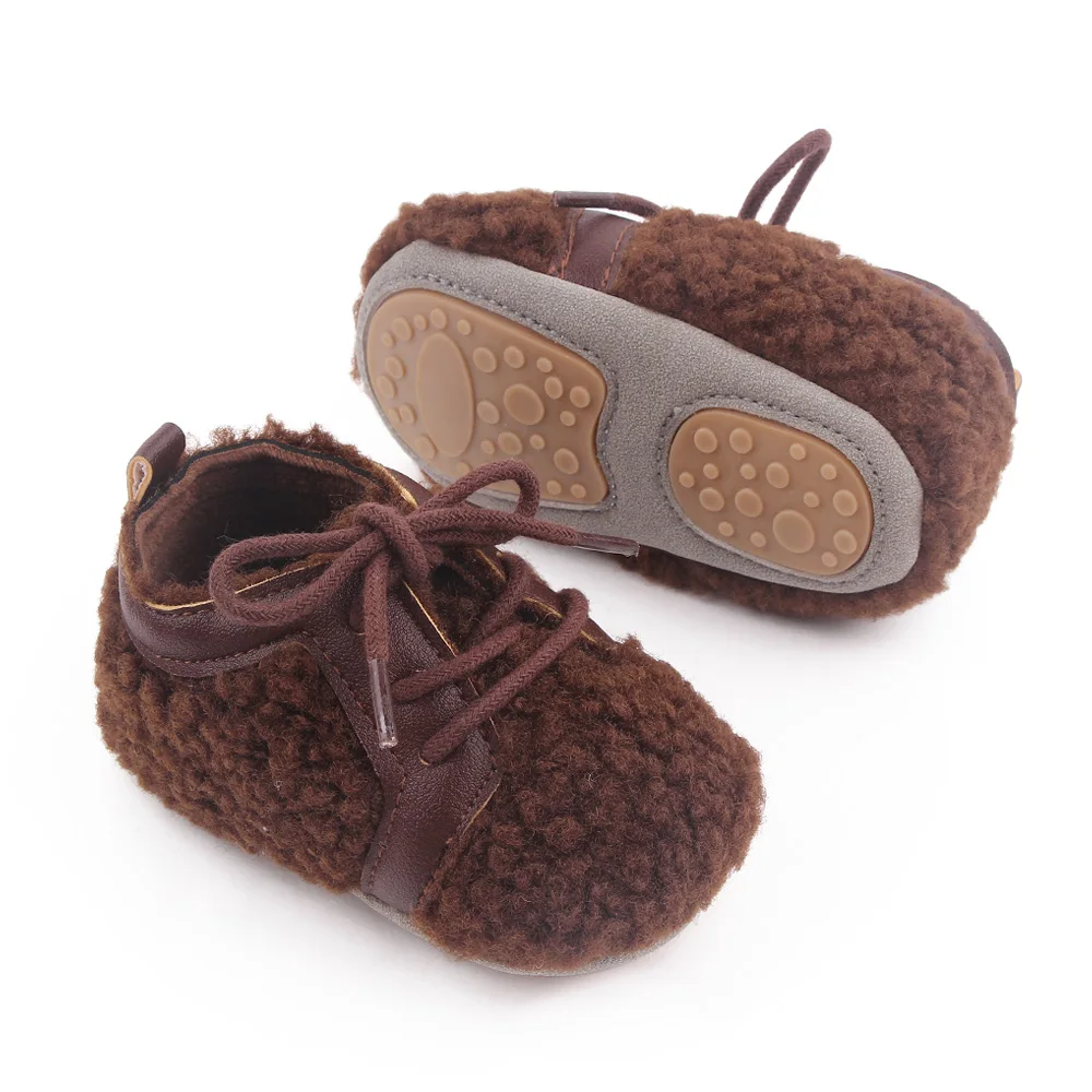 PU Leather Solid Color Plush Front Lacing Cute Warm Baby Soft Soled Toddler Cotton Shoes factory