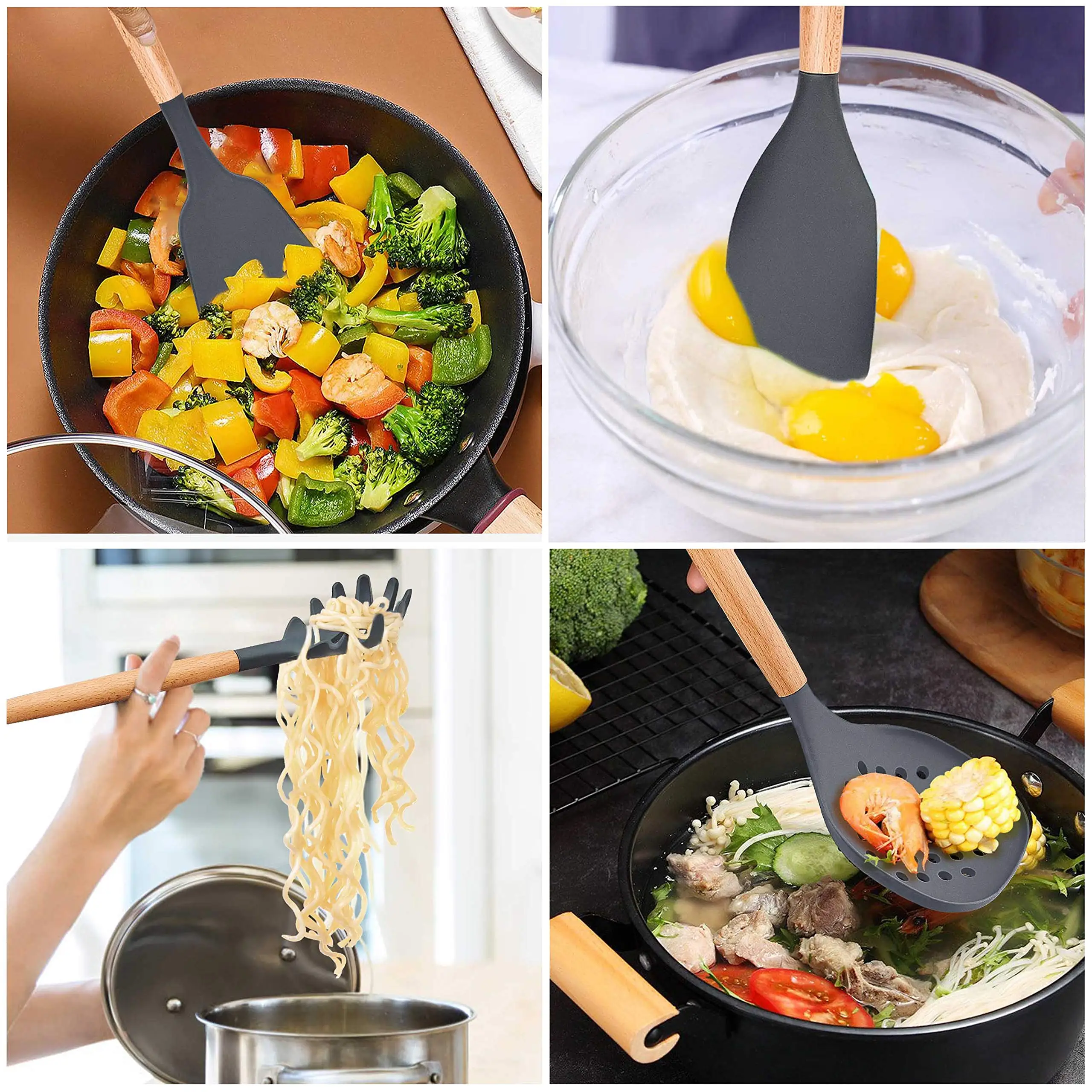 Silicone Cooking Utensils Kitchen Utensil Set Wooden Handle Kitchen Gadgets with Holder for Nonstick Cookware