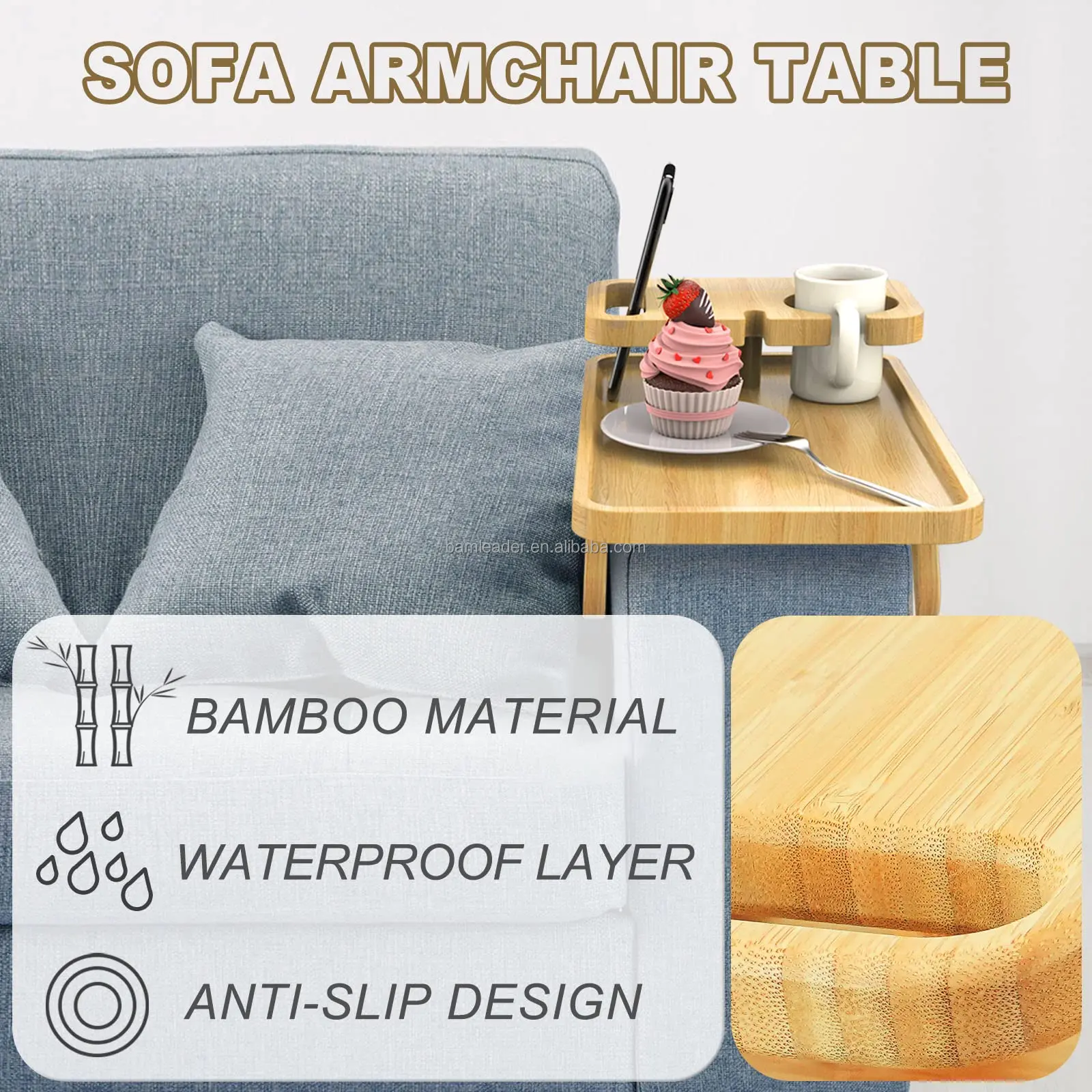 Eco-Friendly Bamboo Double Layer Sofa Armrest Storage Organizer Tray Double Layer Bamboo Sofa Arm Storage Tray For Couch Armrest