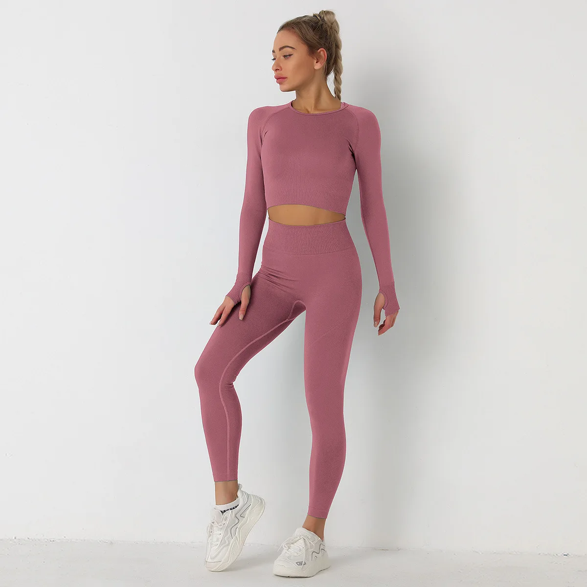 Custom logo Gym Fitness Sets 2022 Woman Crop Top long sleeve Ribbed Set High Quality Long Leggings Seamless Yoga Suit