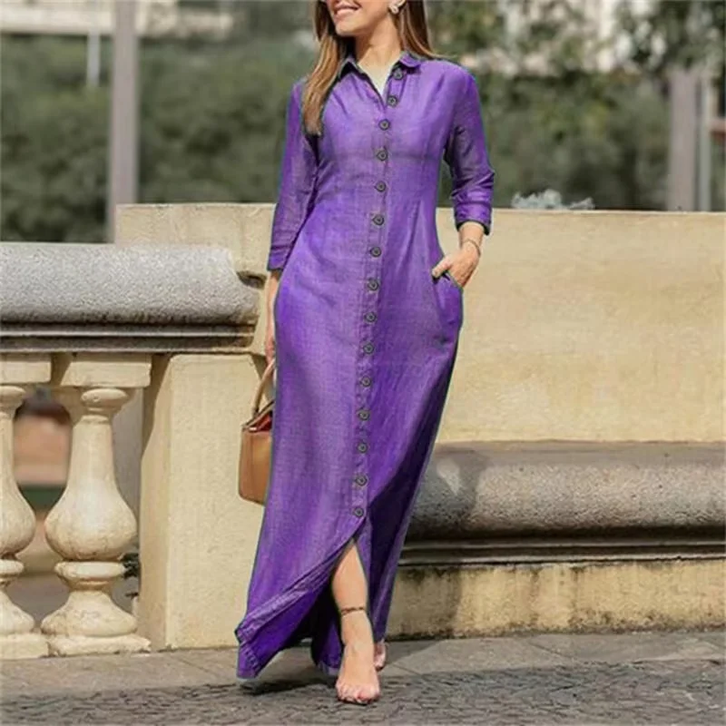 Woman Plus Size Autumn New Casual Long Denim Dress Women's Fashion Solid New Lapel Pocket Button Shirt Dresses factory