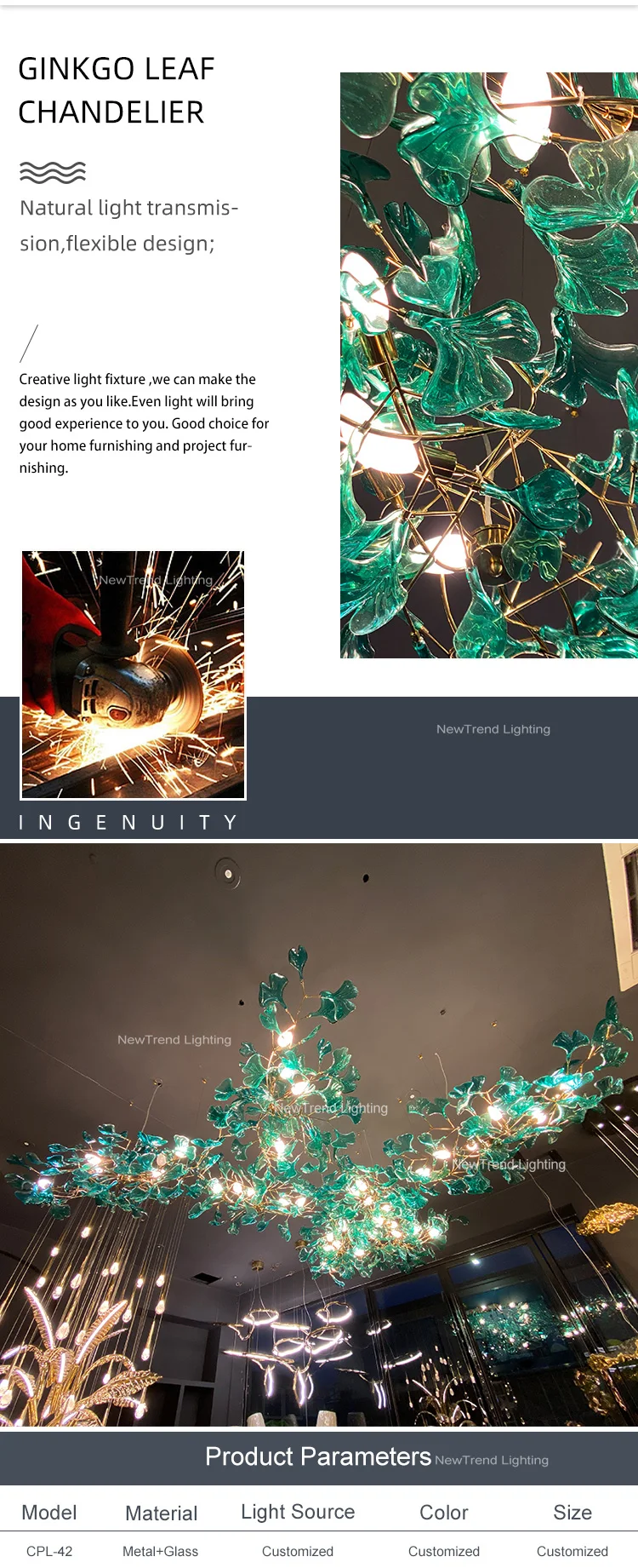 CPL-42G Custom Hotel Lobby Villa Decoration Ginkgo Leaf Large Project Modern LED Glass Chandelier Pendant Light supplier