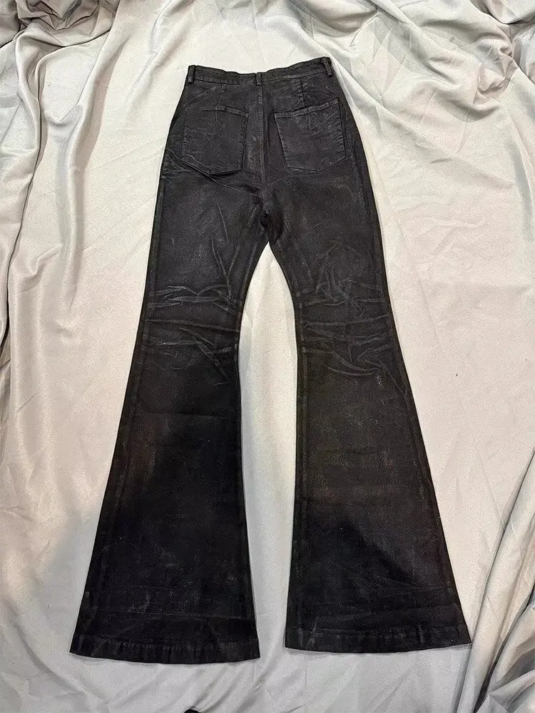 American High Street Vibe Style Niche Handmade Washed Denim Brushed Wax Coating Slim Flared Stretchy Straight Trousers Men factory