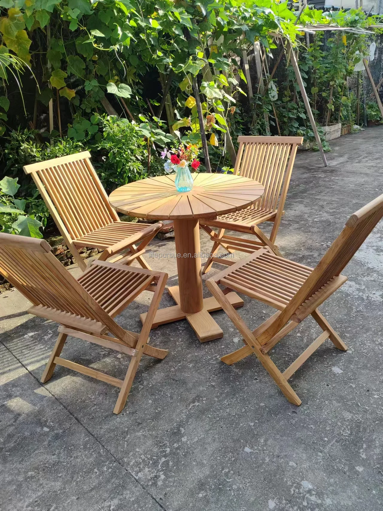 Lifepursue Solid Teak Slatted Round Table Top Outdoor Garden Dining