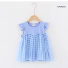 Factory Direct Price High Quality Blue Plaid Flying Sleeve Net Kids Party Dress