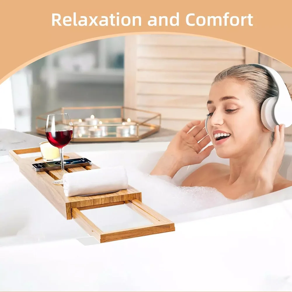 product expandable teak bathtub caddy tray with wine glass holder tablet phone stand soap dish foldable bathroom organizer-10