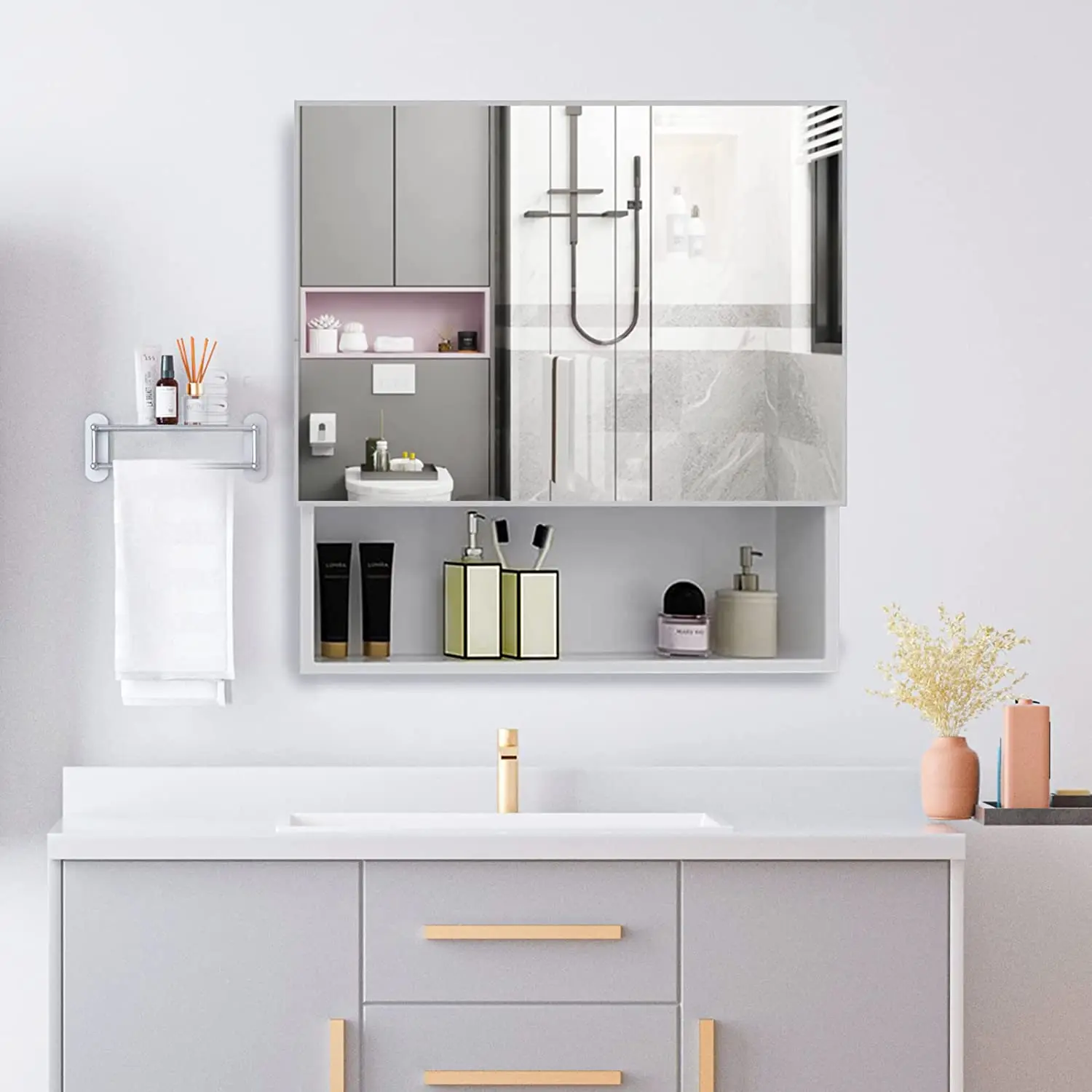 Modern white design wall mounted storage and display mirrored bathroom cabinet for bathroom furniture