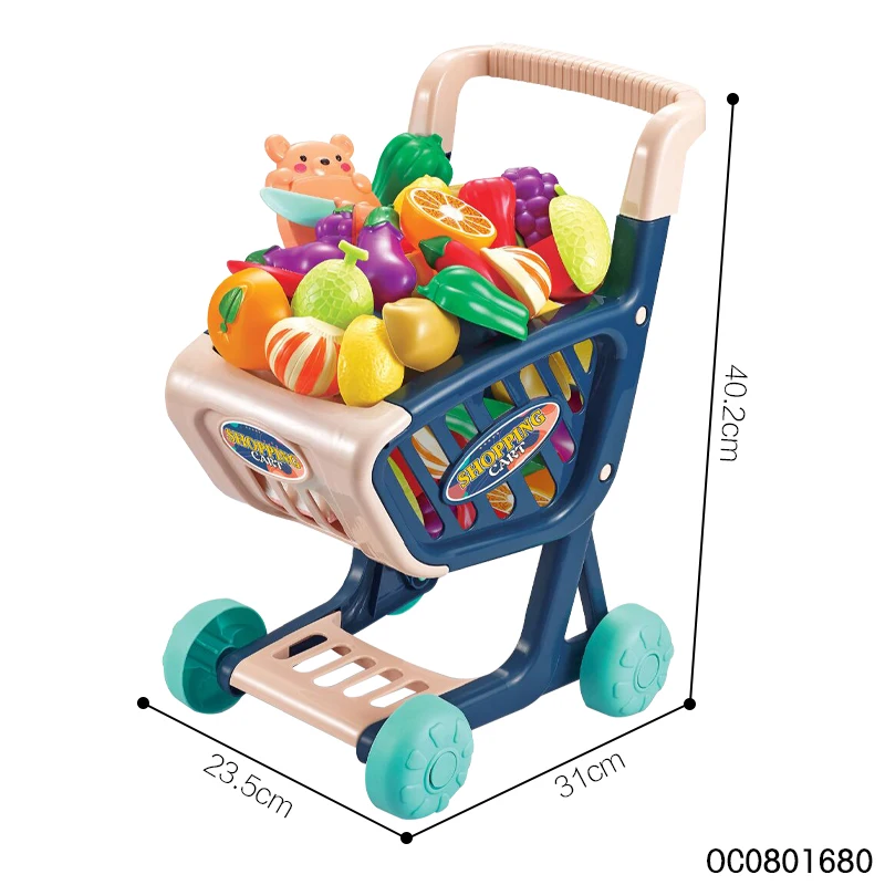 Pretend kitchen play set kids supermarket trolley shopping trolley cart toys with fruit