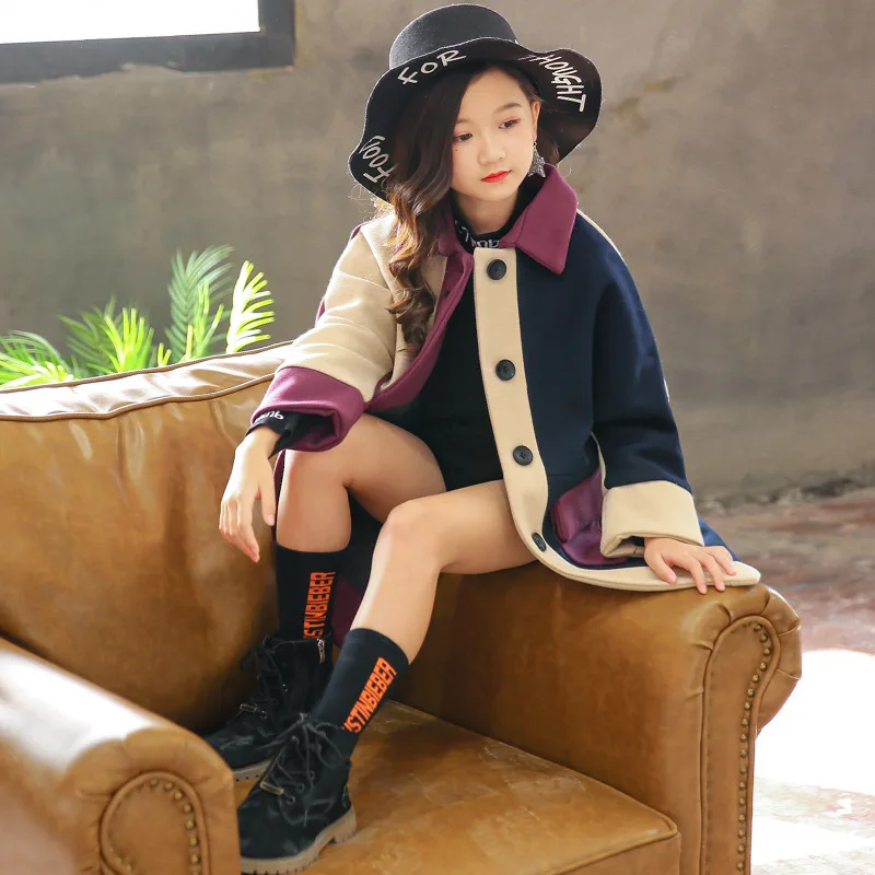 New fashion girls woolen coat baby color matching kids outwear children casual clothes lapel fur velvet jacket for girls