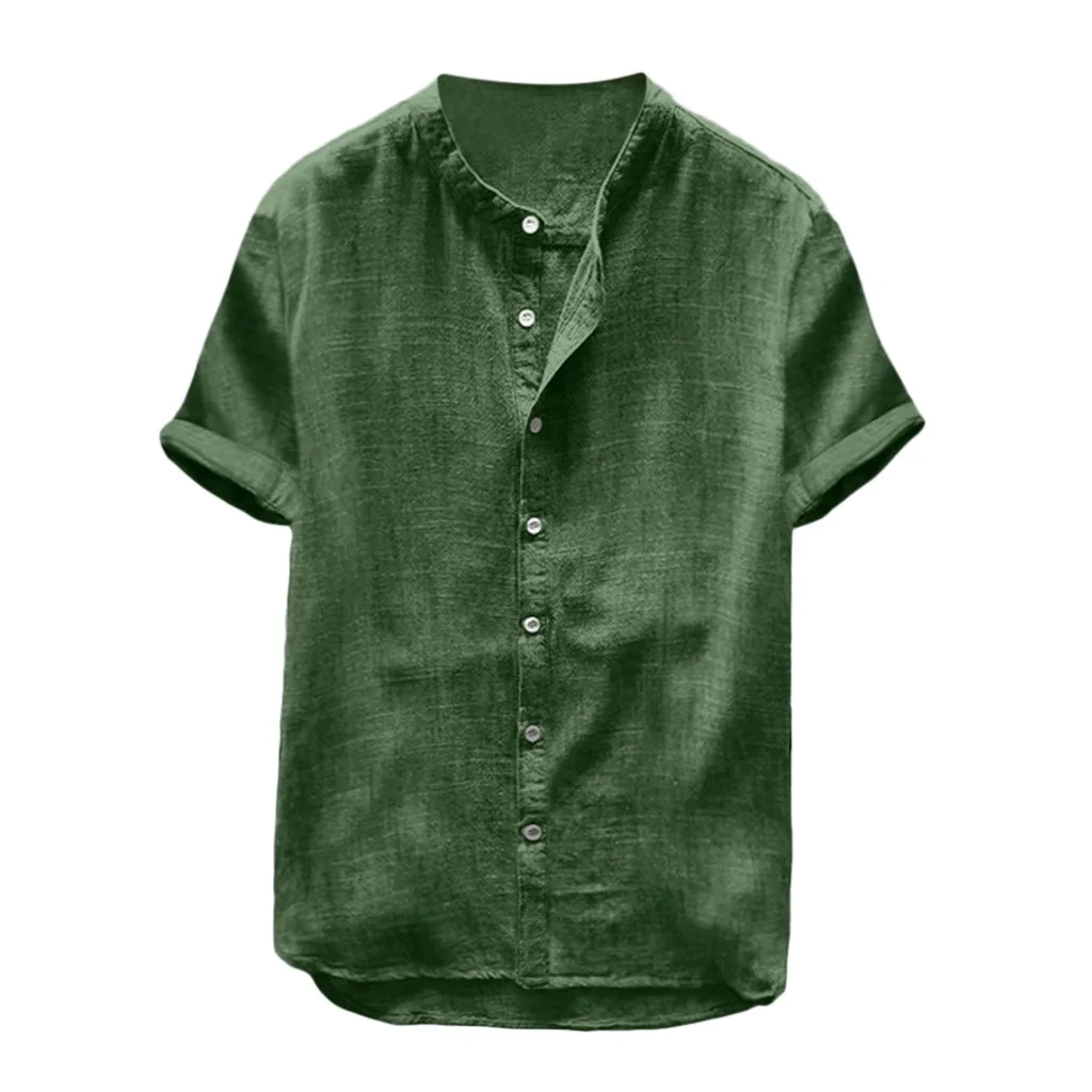Summer Men Cotton Linen Shirts Round Collar Short Sleeve Button Solid Color Men's Tops Blouse T-shirt Casual Shirt