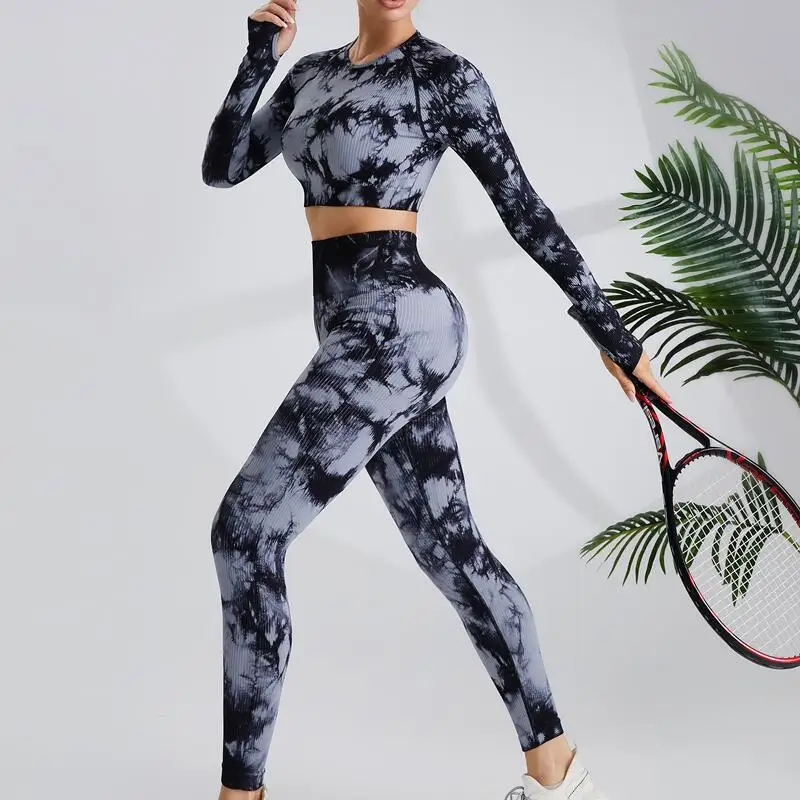 lulu Tie dye yoga long sleeve set high waist and hip lift tie dye yoga pants women's sportswear Running fitness wear Yoga wear