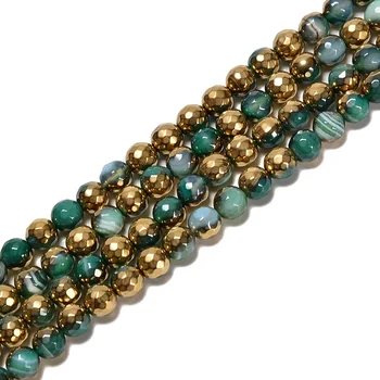 Agate Nice 6mm -12mm Half Coated Gold Green Stripe Agate Faceted Round Gemstone Loose Beads for Jewelry Making