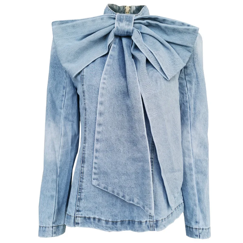 Versatile Bow Top Back Zipper Decoration Women's Denim Shirt supplier