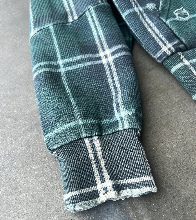 Custom Logo Plaid Flannel Waffle Knit Hooded Jacket Embroidery Double Layer Faded Zip up Acid Wash Distressed Hoodies for Men details