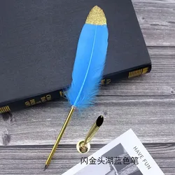 Luxury Natural Peacock Metal 0.7mm Ball Pens Custom Logo Rose Gold Special Quill Feather Wholesale Promotional Ballpoint Pen