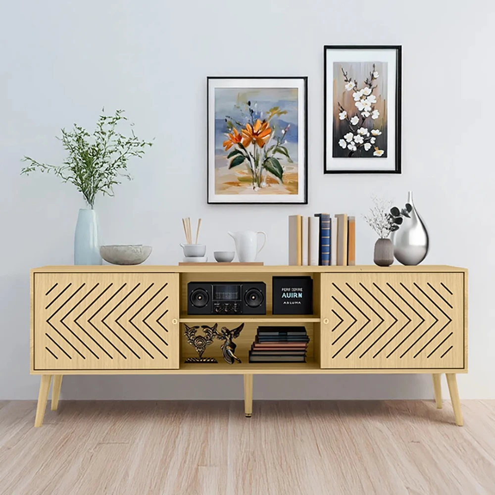 Mid Century Modern TV Stand for TVs up to 70 Inch Wooden Entertainment Center with Sliding Doors for Living Room Furniture manufacture