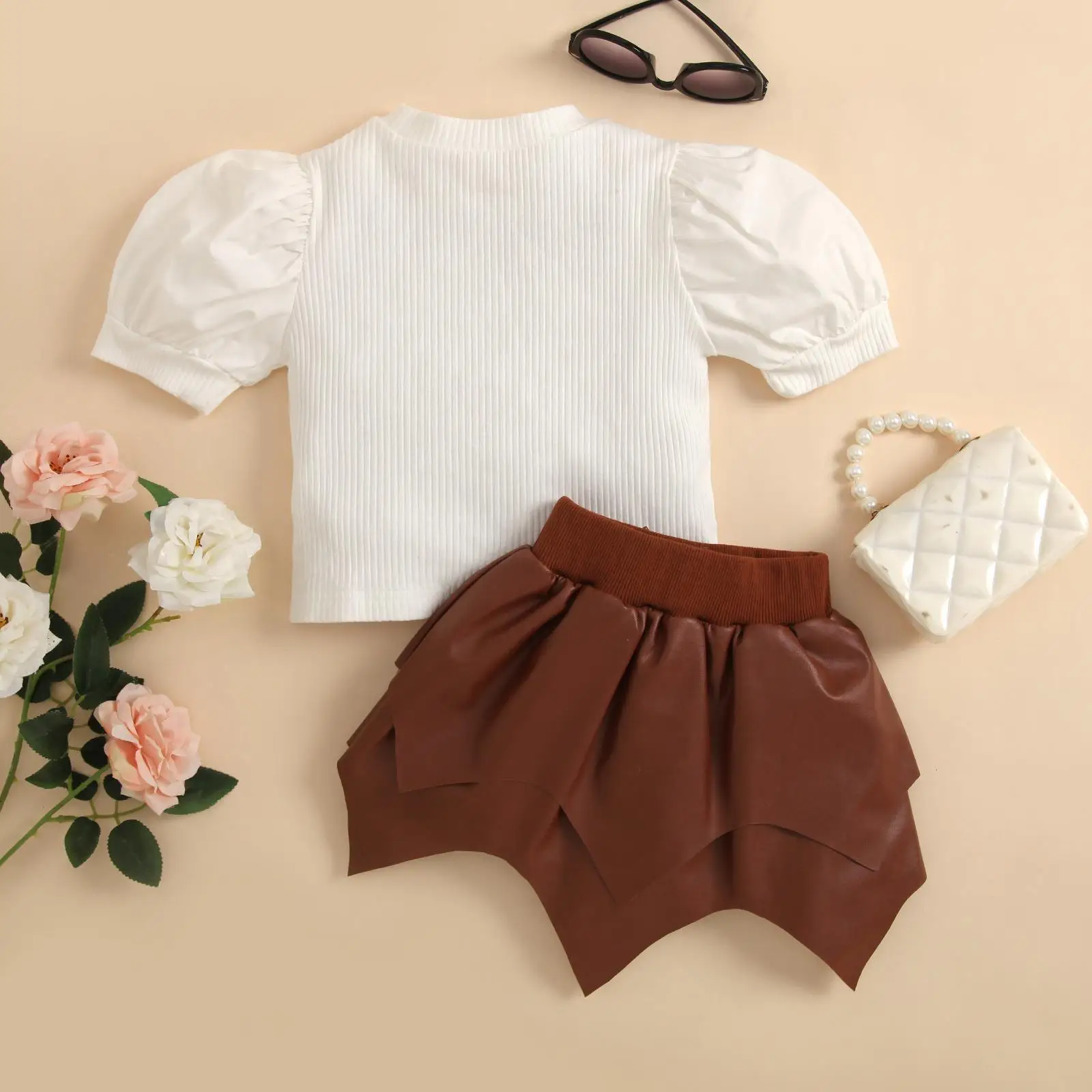 2023 summer girl clothes sets 2pcs short puff sleeve rib-knit shirt+brown irregular leather skirt boutique girls outfits