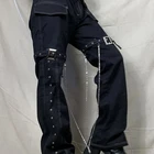 Fashion Women Hip Hop Straight Leg Patch Pocket Trousers High Waist Punk Chain Streetwear Denim Pants