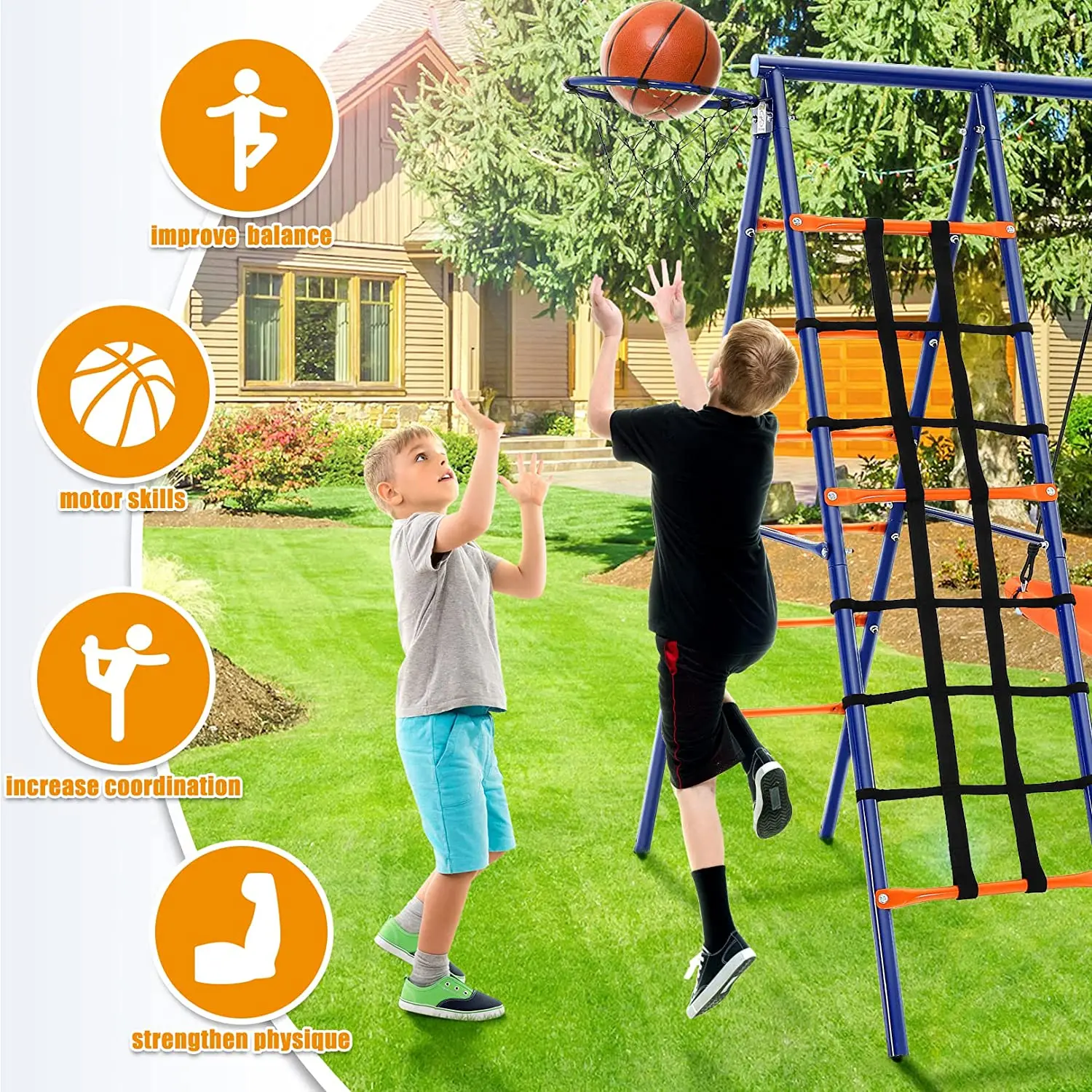 IUNNDS New Design Outdoor Metal Swing Set Kids Playground Equipment With Basketball Hoop,Children Climb Rope Ladder