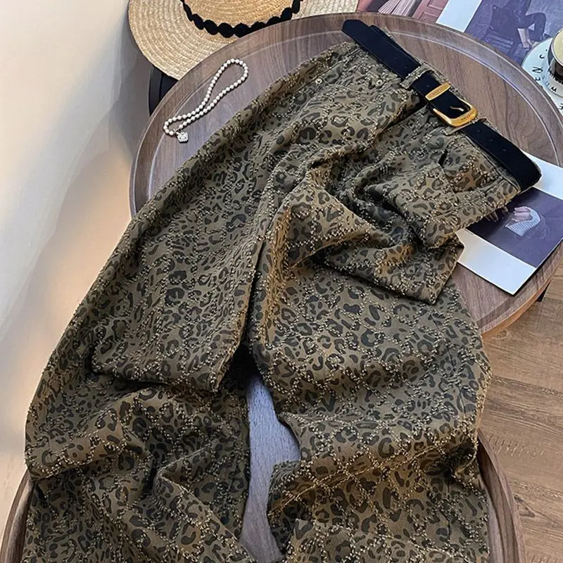 Simon Laina American Style High Street Leopard Print Denim Cotton Women's Winter Sexy Girl High Waist Loose Straight-Legged manufacture