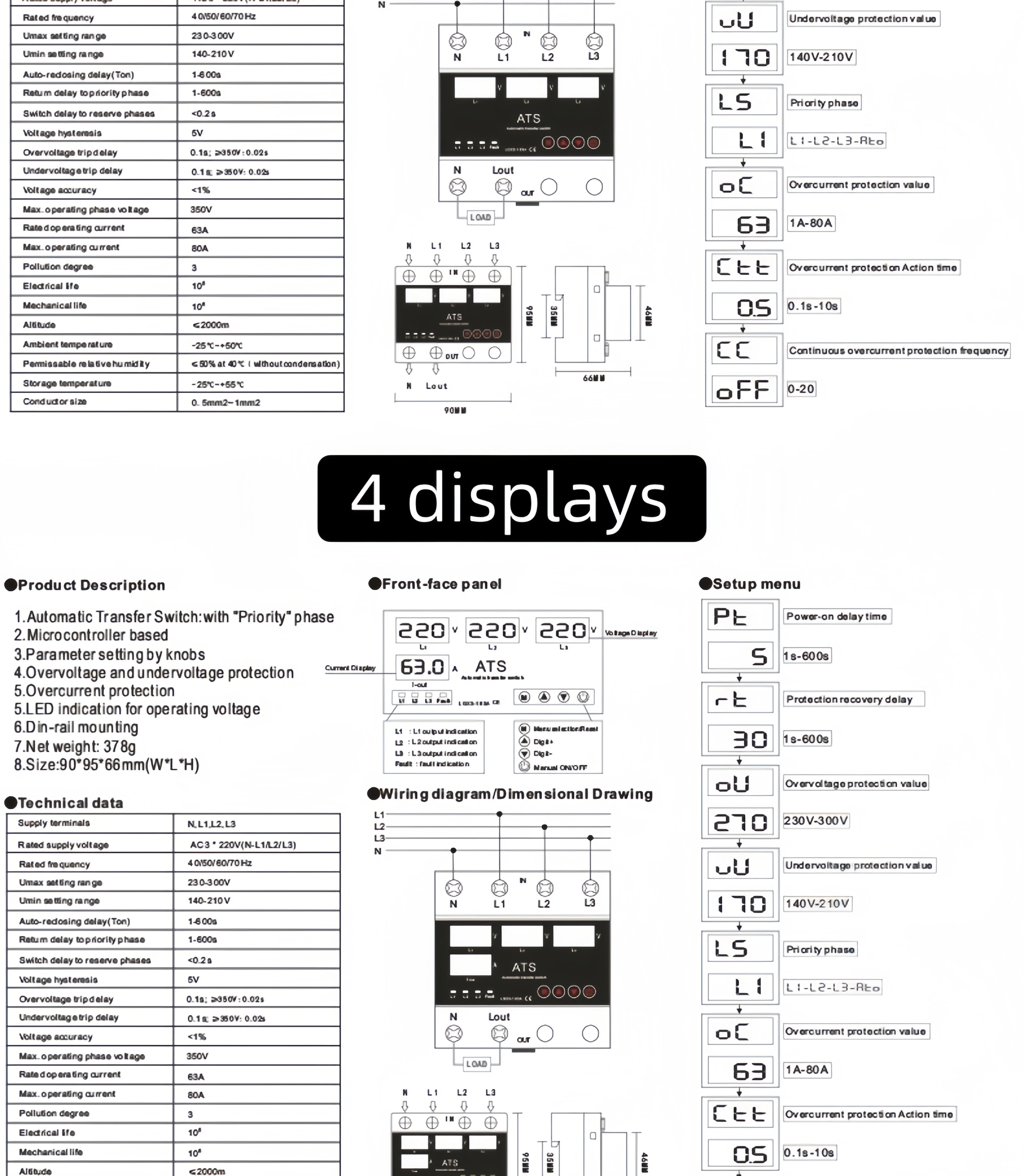 product auto recovery relay 63a 220v 380v 400v ac digital display din rail 3 phase adjustable protector 50hz 230v svc stabilizers-7