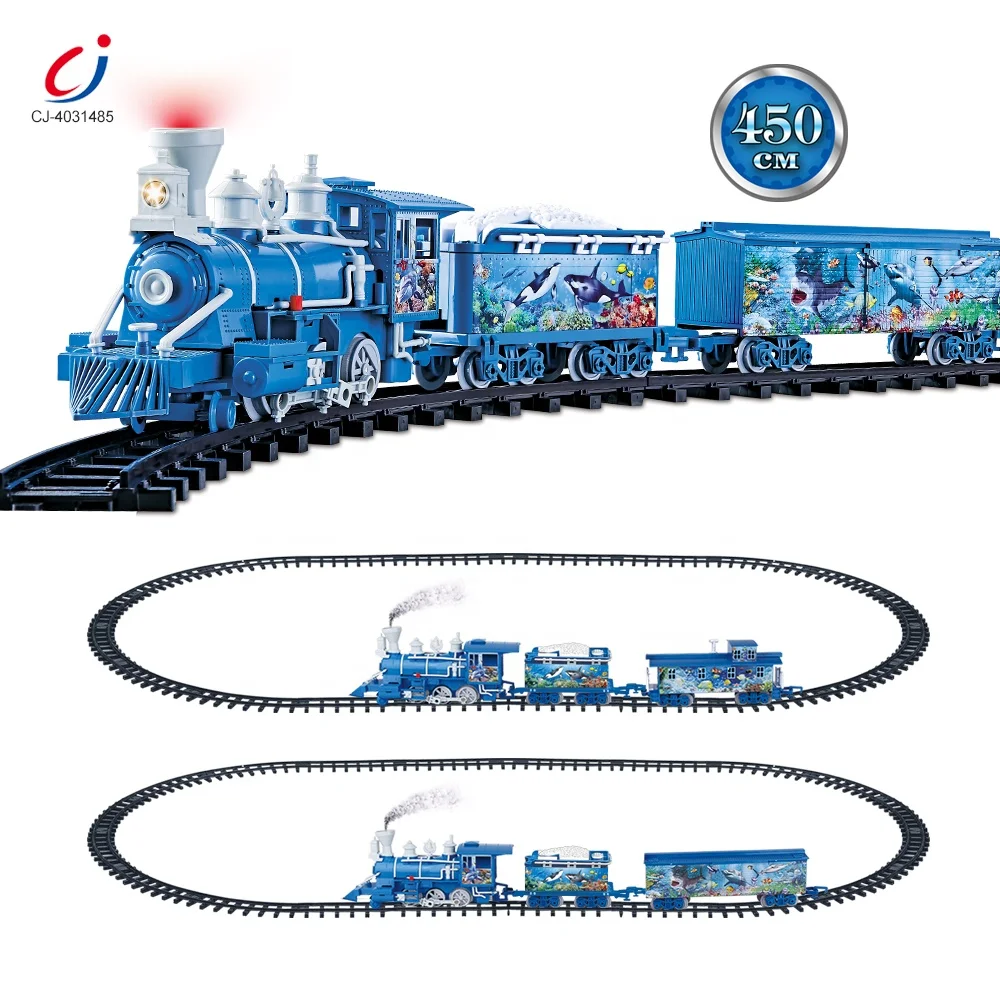 Chengji steam electric rail train toys set railway battery charging plastic slot toys ocean sightseeing train toy with track set