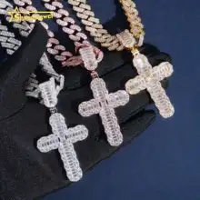 NEW Large Size Popular Baguette Cut Moissanite Cross Pendant Hip Hop Iced Out Pendant Religious Jewelry Rapper Jewelry