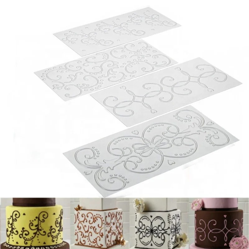 4 Pcs Grid Imprint Mat Set Roll Rattan Lattice Transparent Fondant Tools Cake Border Decoration Imprint Baking Mat
