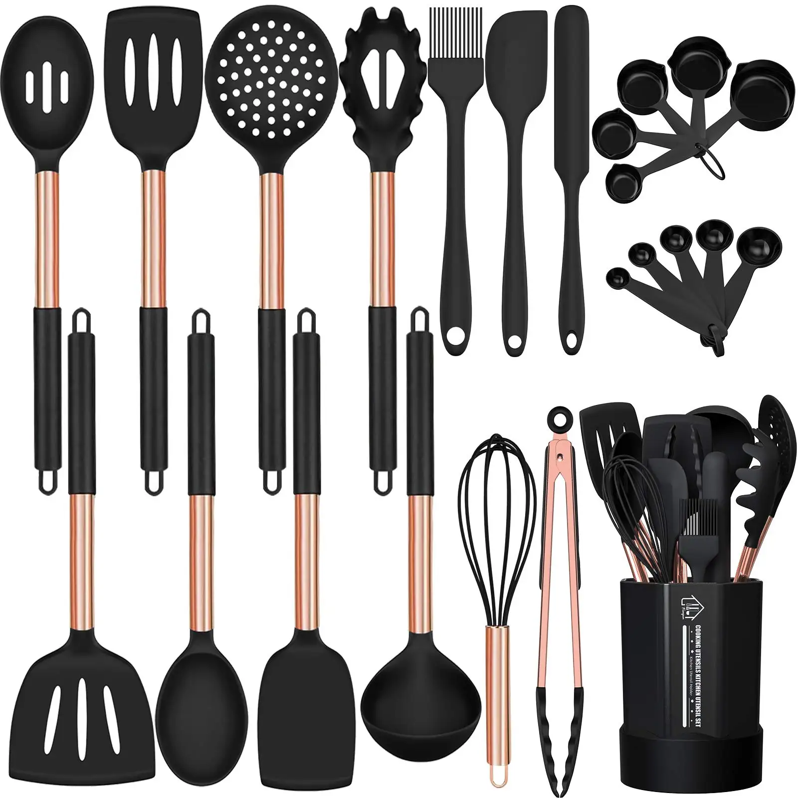 24pcs Silicone Non-stick Heat Resistant Best Cooking Utensil Spatulas Set with Copper Stainless Steel Handle