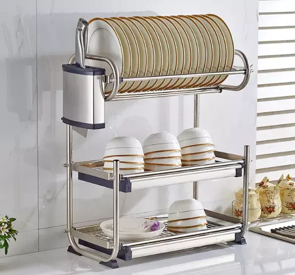 Wholesale 2 Tier Electroplate Eco Friendly 304 Stainless Steel Dish Rack Storage Holder Rack